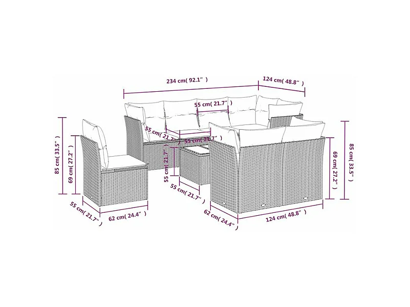 Salon de jardin 9 pcs avec coussins gris clair résine tressée
