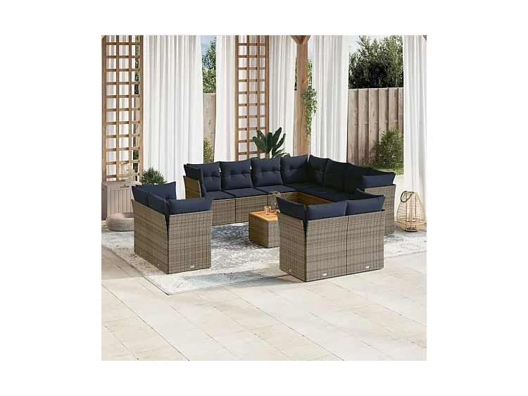 Salon de jardin avec coussins 12 pcs gris résine tressée