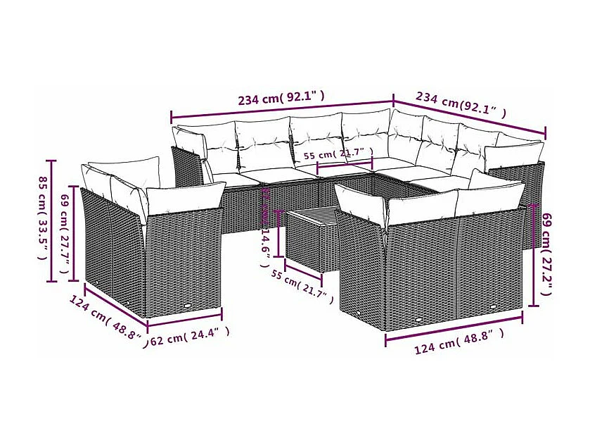Salon de jardin avec coussins 12 pcs gris résine tressée