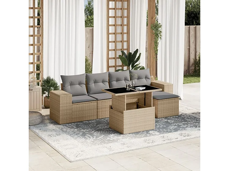 Salon de jardin avec coussins 6 pcs beige résine tressée