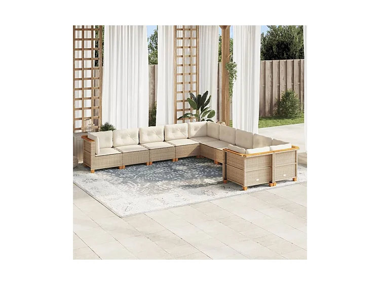 Salon de jardin avec coussins 10 pcs beige résine tressée