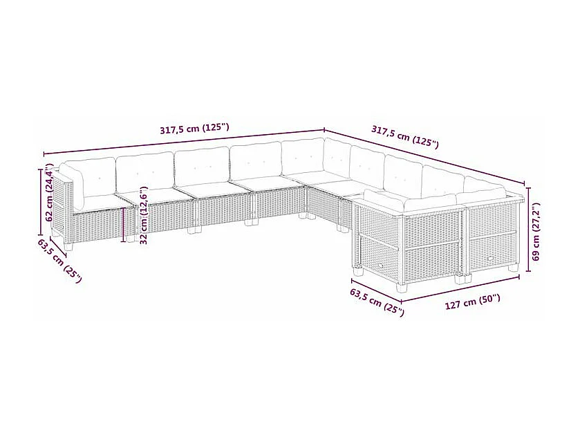 Salon de jardin avec coussins 10 pcs beige résine tressée