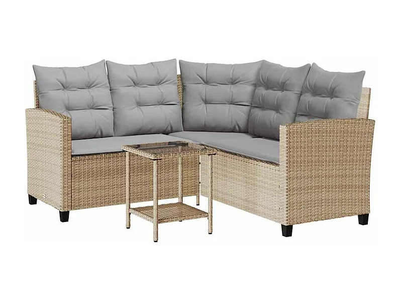 Canapé de jardin avec table et coussins en forme de L beige