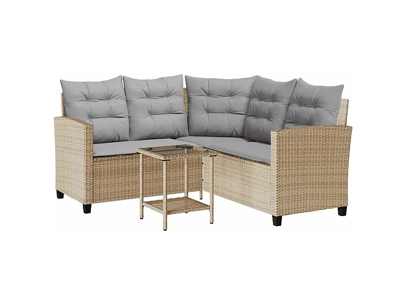 Canapé de jardin avec table et coussins en forme de L beige