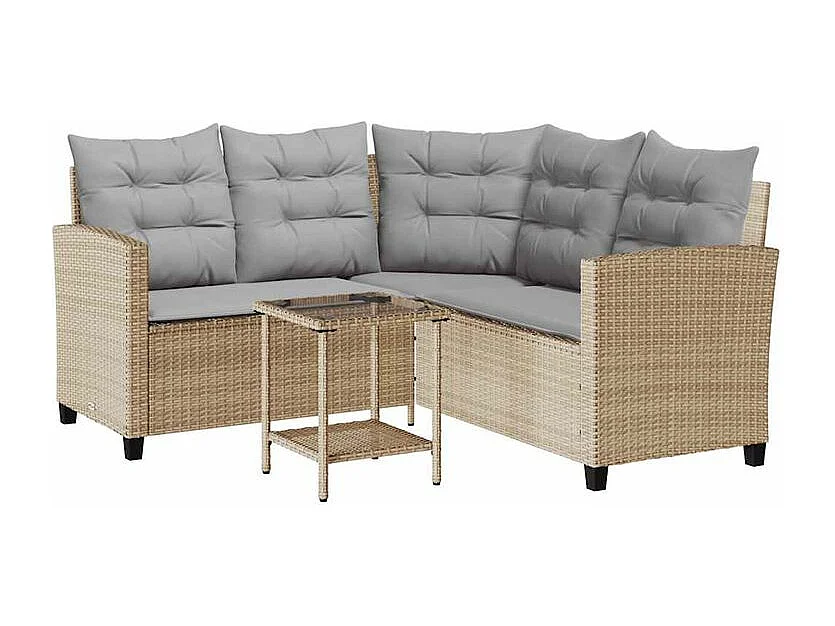 Canapé de jardin avec table et coussins en forme de L beige