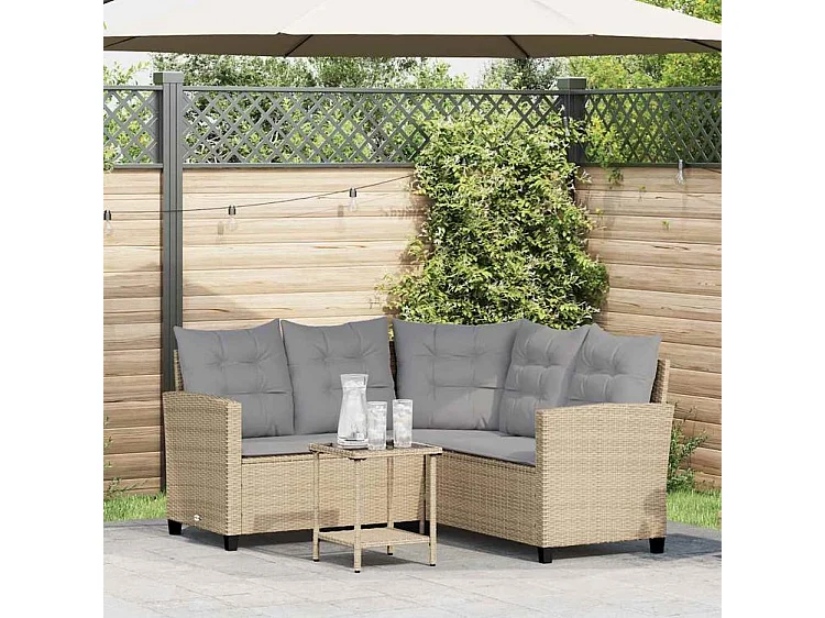 Canapé de jardin avec table et coussins en forme de L beige