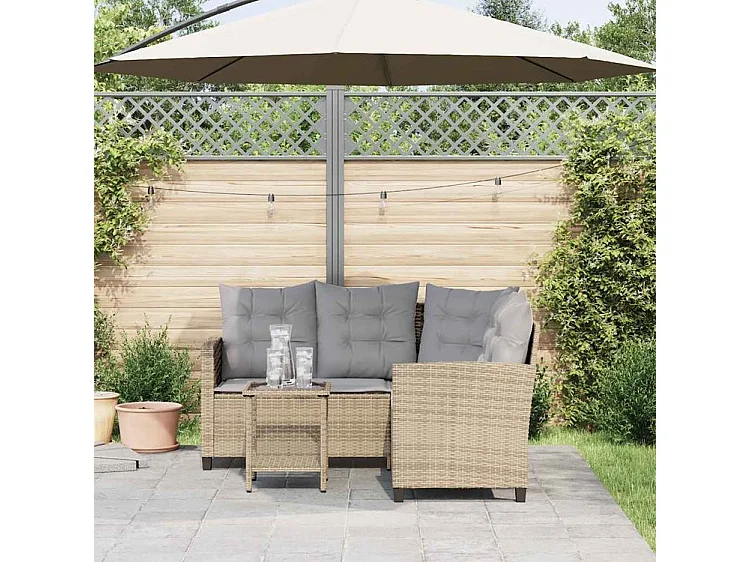 Canapé de jardin avec table et coussins en forme de L beige