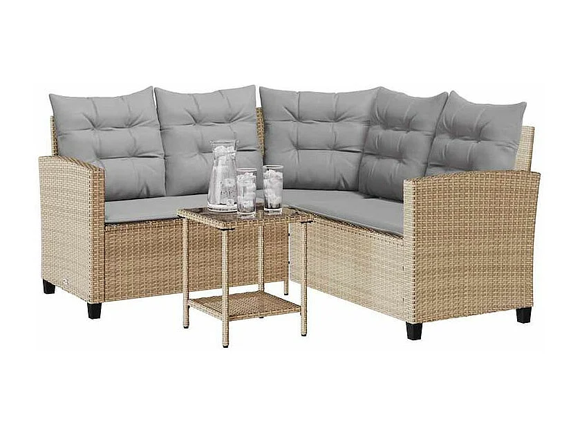 Canapé de jardin avec table et coussins en forme de L beige