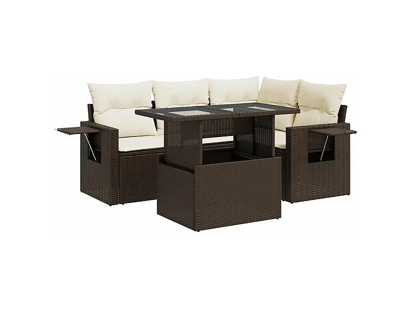 Salon de jardin avec coussins 5 pcs marron résine tressée