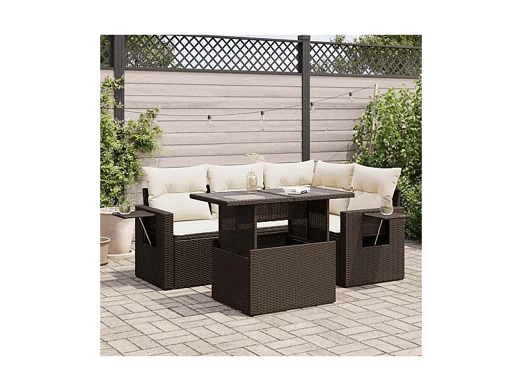 Salon de jardin avec coussins 5 pcs marron résine tressée