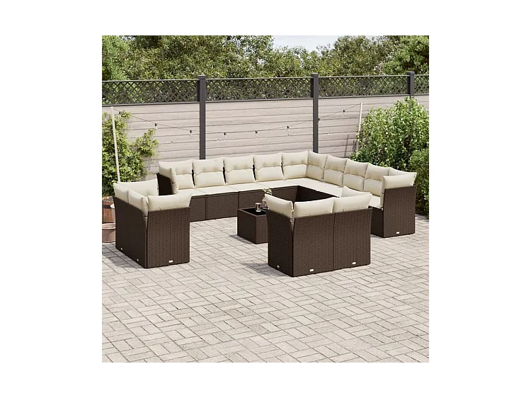 Salon de jardin avec coussins 14 pcs marron résine tressée