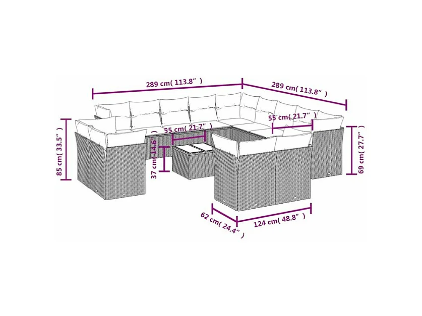 Salon de jardin avec coussins 14 pcs marron résine tressée