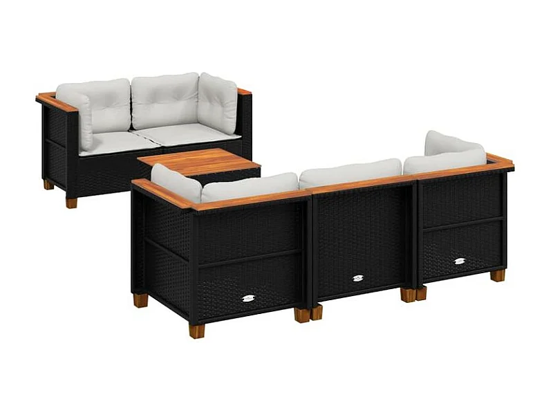 Salon de jardin 6 pcs avec coussins noir résine tressée