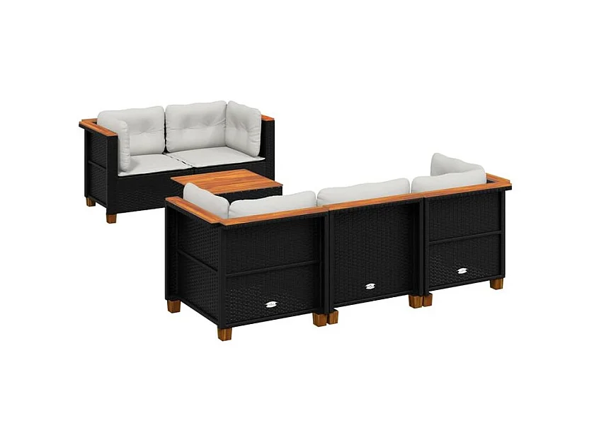 Salon de jardin 6 pcs avec coussins noir résine tressée