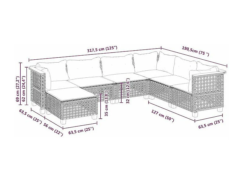 Salon de jardin avec coussins 7 pcs beige résine tressée