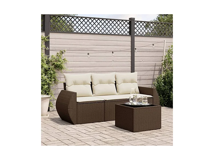 Salon de jardin 4 pcs avec coussins marron résine tressée