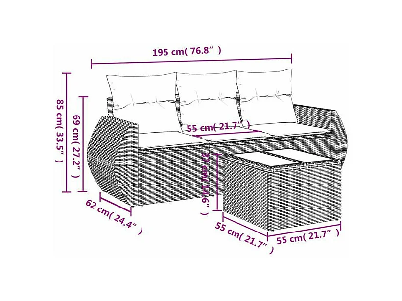Salon de jardin 4 pcs avec coussins marron résine tressée