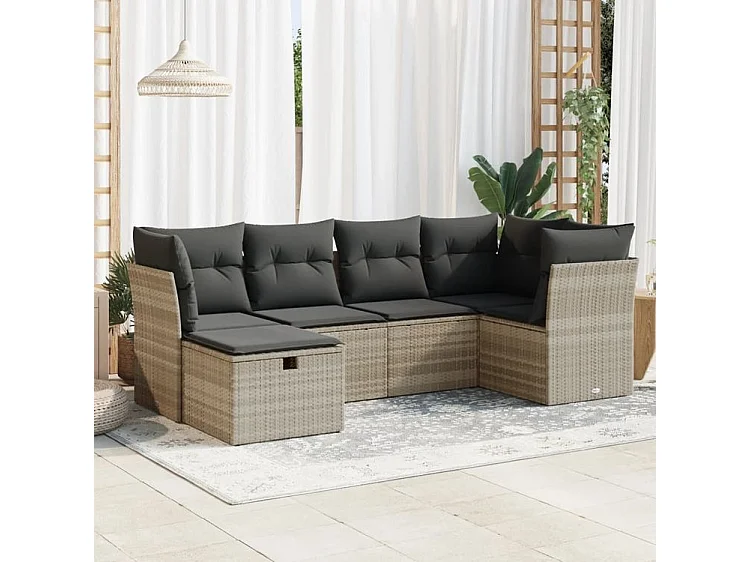 Salon de jardin 6 pcs avec coussins gris clair résine tressée