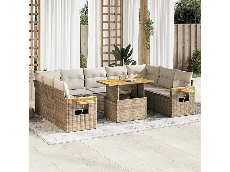 Salon de jardin avec coussins 10pcs beige résine tressée acacia