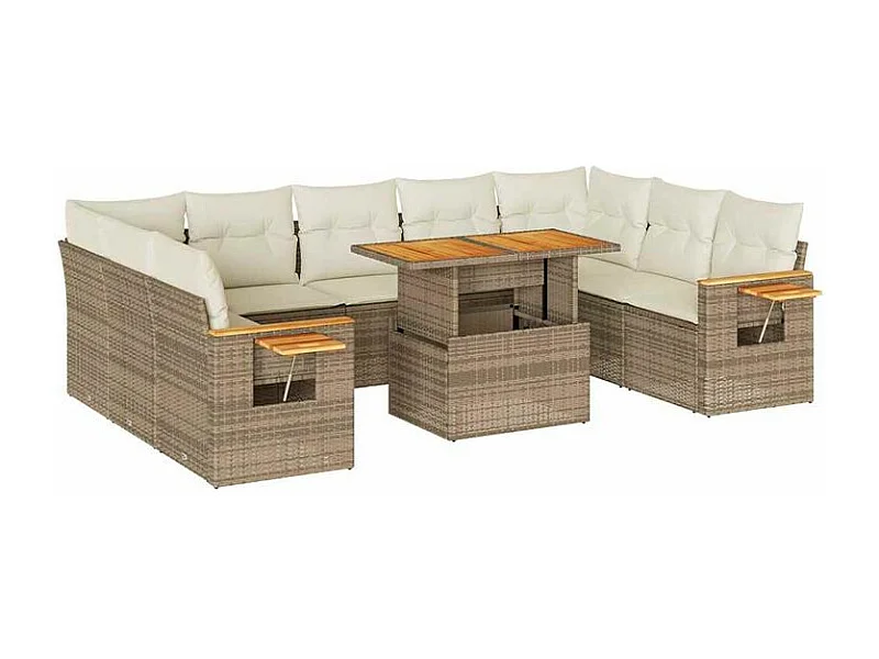 Salon de jardin avec coussins 10pcs beige résine tressée acacia