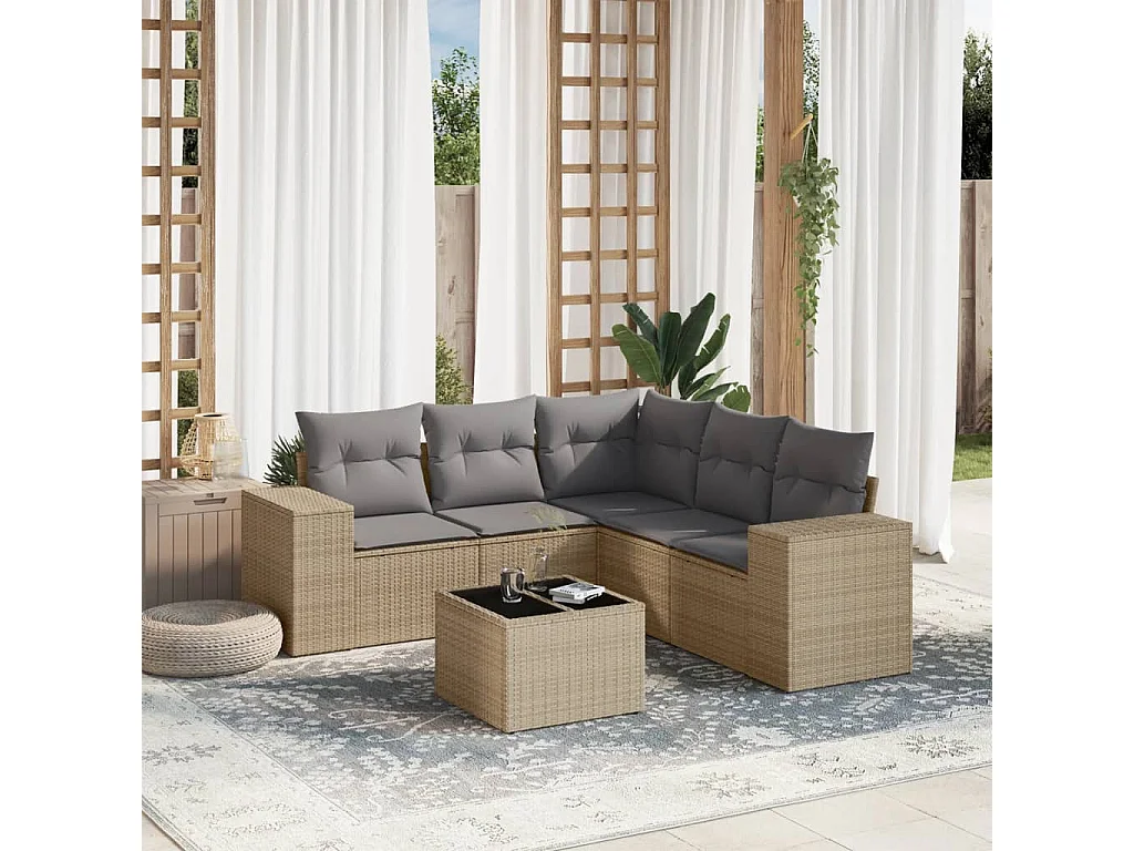 Salon de jardin avec coussins 6 pcs beige résine tressée