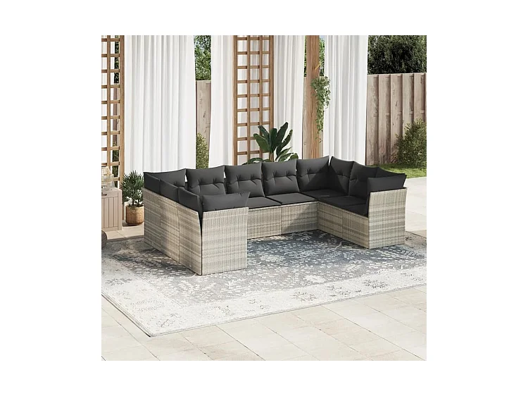 Salon de jardin 9 pcs avec coussins gris clair résine tressée