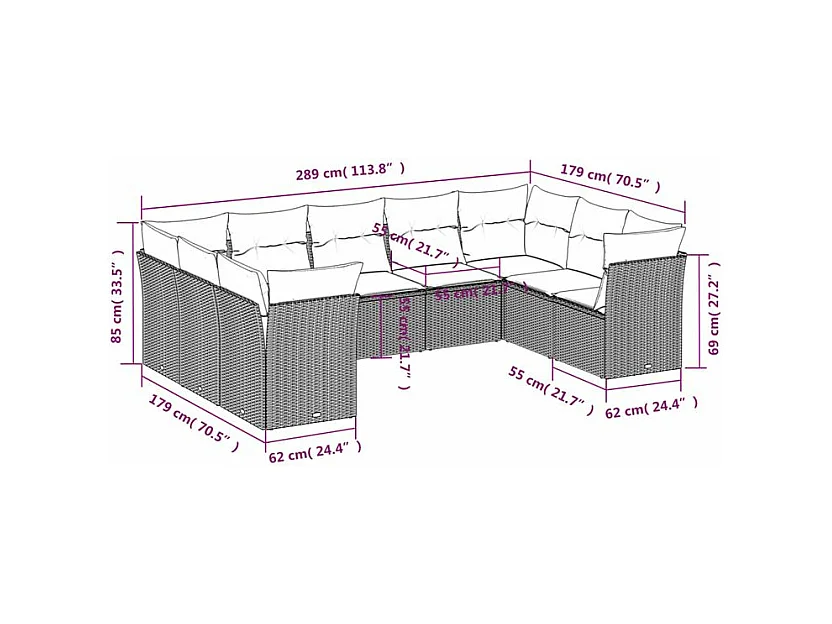 Salon de jardin 9 pcs avec coussins gris clair résine tressée