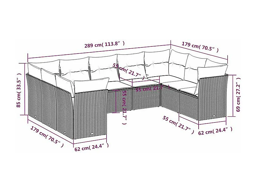 Salon de jardin 9 pcs avec coussins gris clair résine tressée