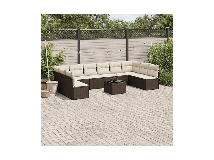 Salon de jardin et coussins 11 pcs marron résine tressée