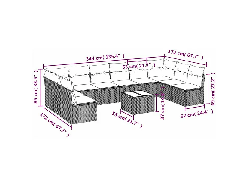 Salon de jardin et coussins 11 pcs marron résine tressée