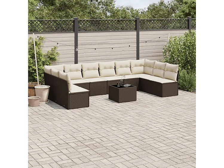 Salon de jardin et coussins 11 pcs marron résine tressée
