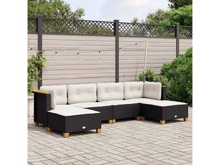 Salon de jardin 6 pcs avec coussins noir résine tressée