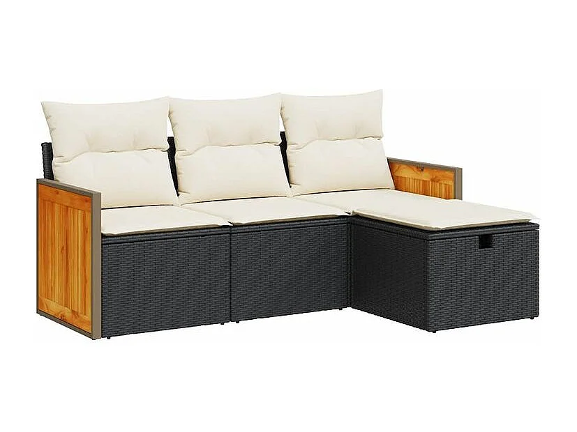 Salon de jardin 4 pcs avec coussins noir résine tressée