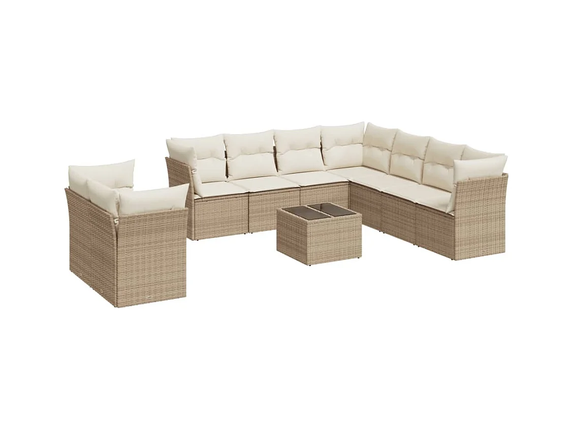 Salon de jardin avec coussins 10 pcs beige résine tressée