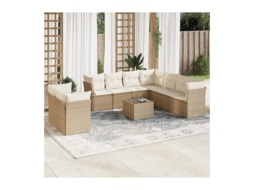 Salon de jardin avec coussins 10 pcs beige résine tressée