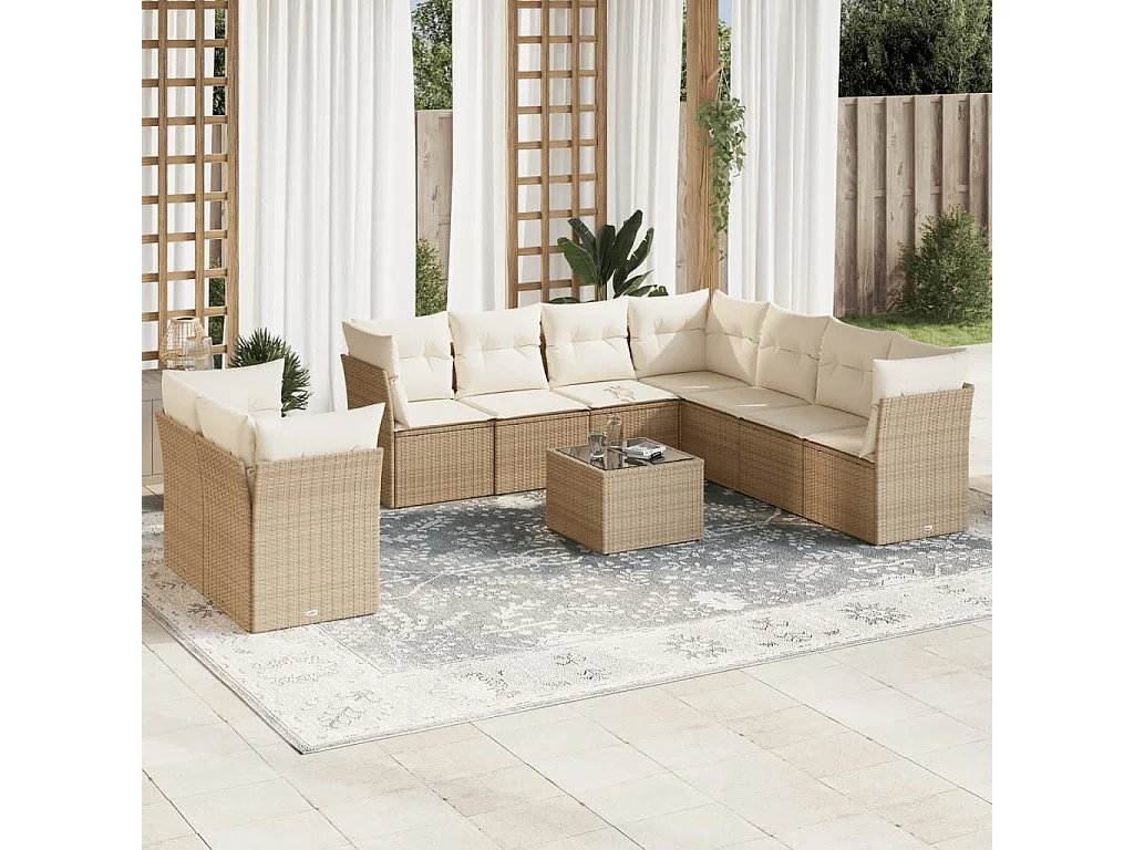 Salon de jardin avec coussins 10 pcs beige résine tressée