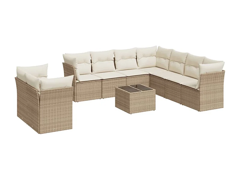 Salon de jardin avec coussins 10 pcs beige résine tressée