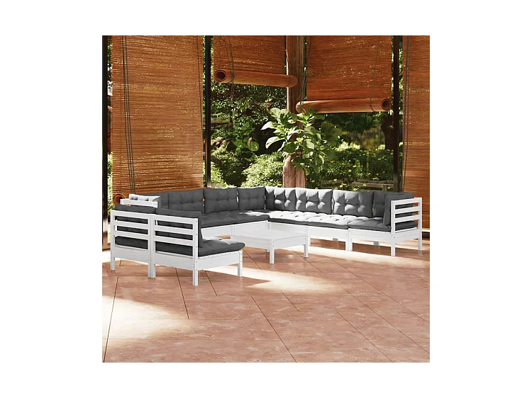 Salon de jardin 10 pcs avec coussins blanc bois de pin solide