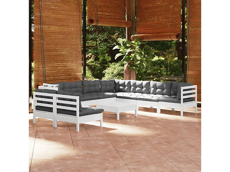 Salon de jardin 10 pcs avec coussins blanc bois de pin solide