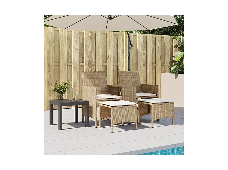 Canapé de jardin 2 places avec table et tabourets beige rotin