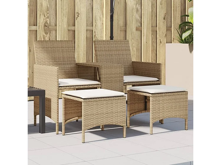 Canapé de jardin 2 places avec table et tabourets beige rotin