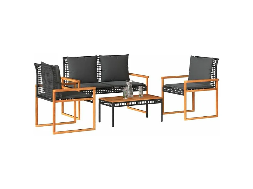 Salon de jardin 4 pcs avec coussins Noir Résine tressée