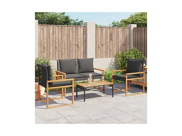 Salon de jardin 4 pcs avec coussins Noir Résine tressée