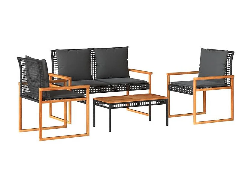 Salon de jardin 4 pcs avec coussins Noir Résine tressée