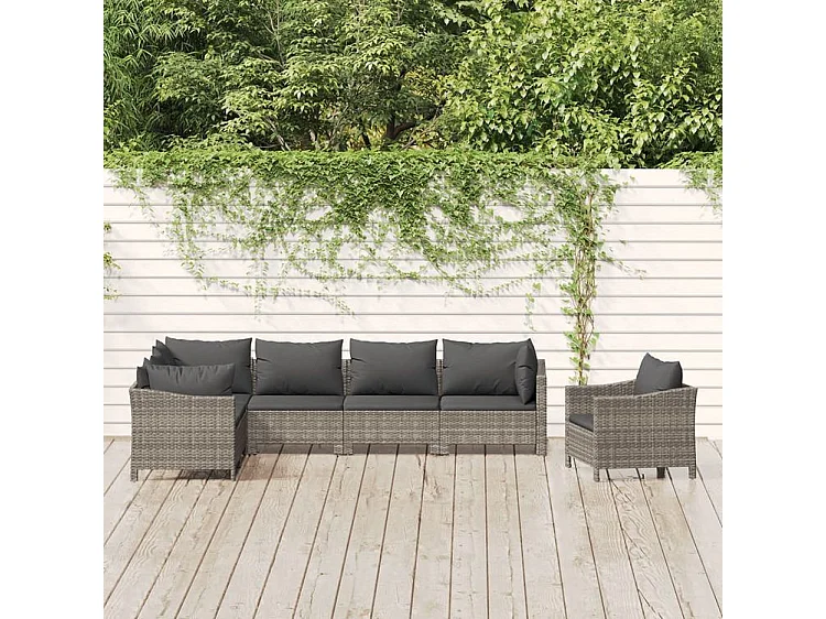 Salon de jardin 7 pcs avec coussins Gris Résine tressée