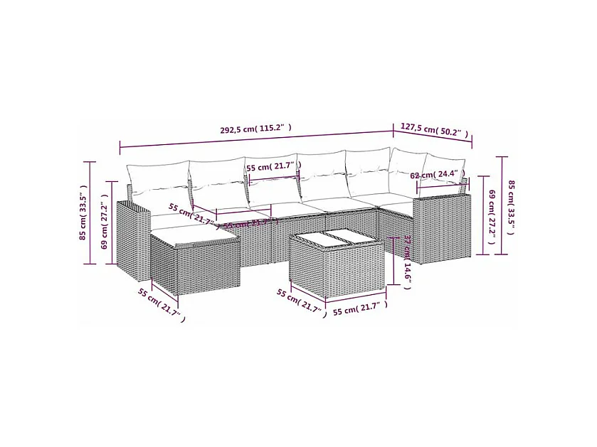 Salon de jardin 8 pcs avec coussins marron résine tressée