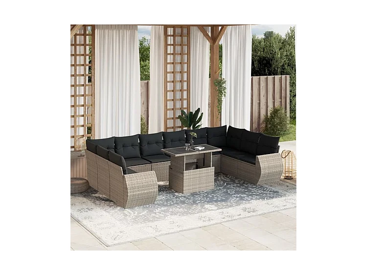 Salon de jardin 11 pcs avec coussins gris clair résine tressée