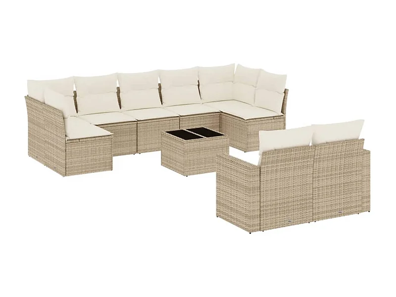 Salon de jardin avec coussins 10 pcs beige résine tressée