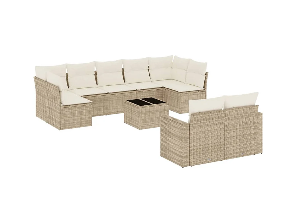 Salon de jardin avec coussins 10 pcs beige résine tressée