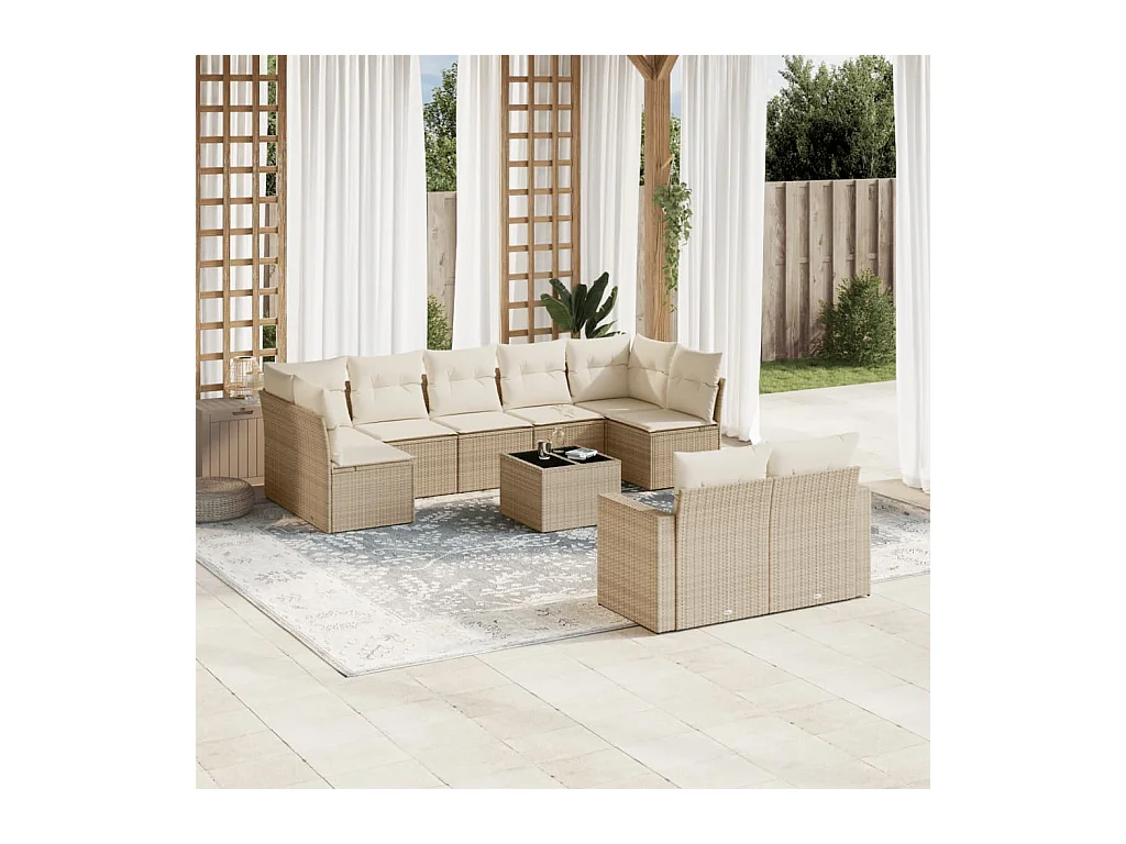 Salon de jardin avec coussins 10 pcs beige résine tressée